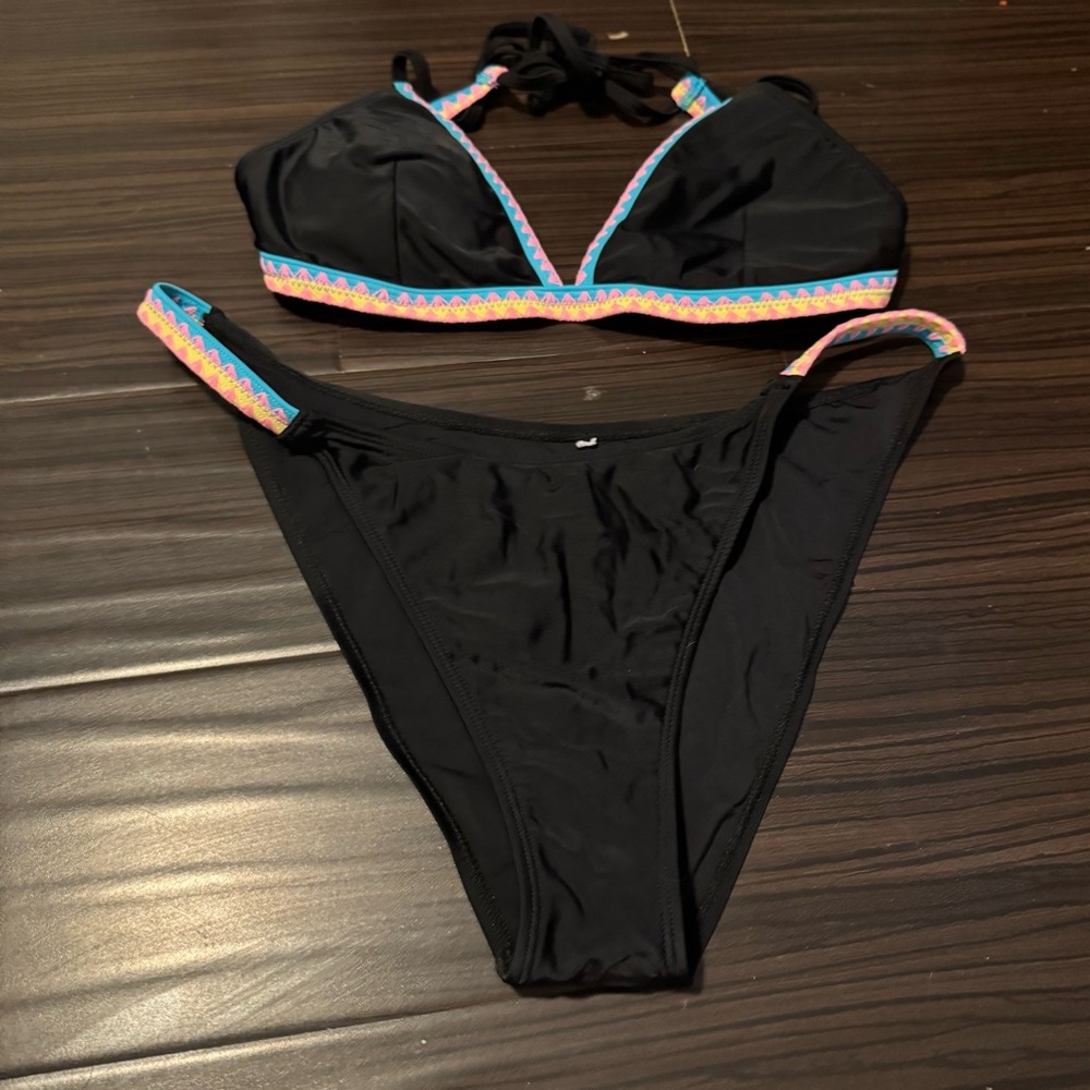 CUPSHE Black Pink Neon Strappy Deep V Neck Plunge Bikini Swimsuit Size Large